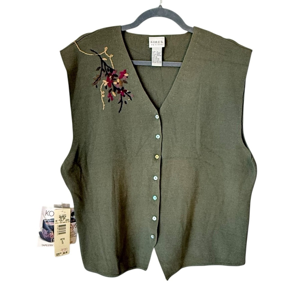 Koret Sweater Knit Vest Sz Pet XL Green Embroidered Flower‎ Bouquet Cottage Core